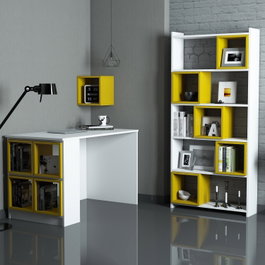Hanah Home Escritorio de estudio y estantería Blanco y Amarillo